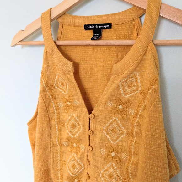 Boho Embroidered Swing Tank, Mustard, Sz M - Picture 2 of 3